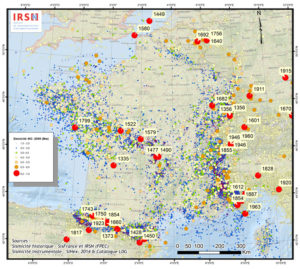 Carte de la sismicité en France entre 463 et 2009